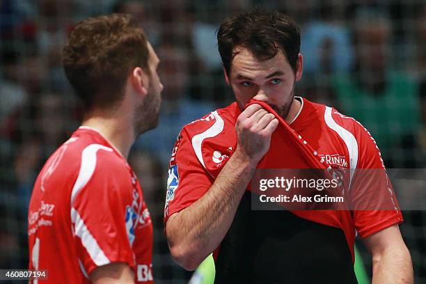 Michael Mueller of Melsungen reacts during the DKB Handball Bundesliga match between MT Melsungen and SG Flensburg-Handewitt at Rothenbach-Halle on...