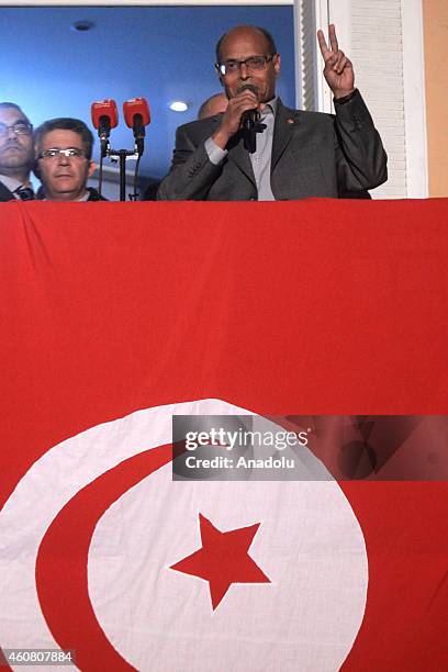 Tunisia's outgoing president Moncef Marzouki delivers a speech at his campaign headquarters a day after his rival Beji Caid Essebsi's victory in the...