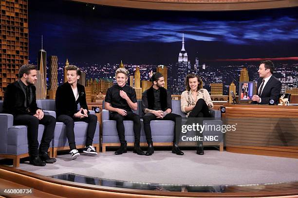 Episode 0186 -- Pictured: One Direction members Liam Payne, Louis Tomlinson, Niall Horan, Zayn Malik and Harry Styles during an interview with host...