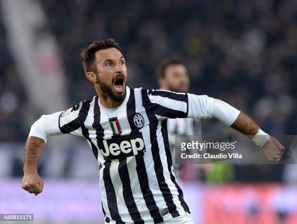 Mirko Vucinic of FC Juventus celebrates scoring the third goal during the Serie A match between Juventus and AS Roma at Juventus Arena on January 5,...