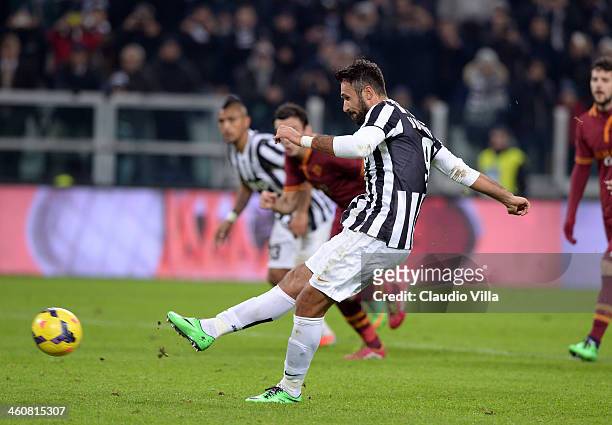 Mirko Vucinic of FC Juventus scores the third goal during the Serie A match between Juventus and AS Roma at Juventus Arena on January 5, 2014 in...