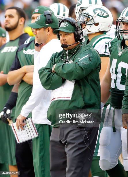 Offensive coordinator Marty Mornhinweg of the New York Jets looks on during a game against the Cleveland Browns at MetLife Stadium on Sunday,...