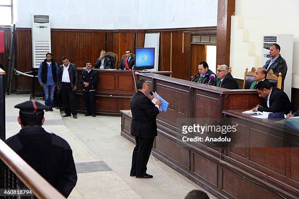 View from the trial of 190 Muslim Brotherhood defendants including Mohamed El-Beltagy and Brotherhood's Supreme Guide Mohamed Badie, charged with...