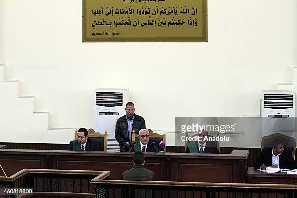 View from the trial of 190 Muslim Brotherhood defendants including Mohamed El-Beltagy and Brotherhood's Supreme Guide Mohamed Badie, charged with...