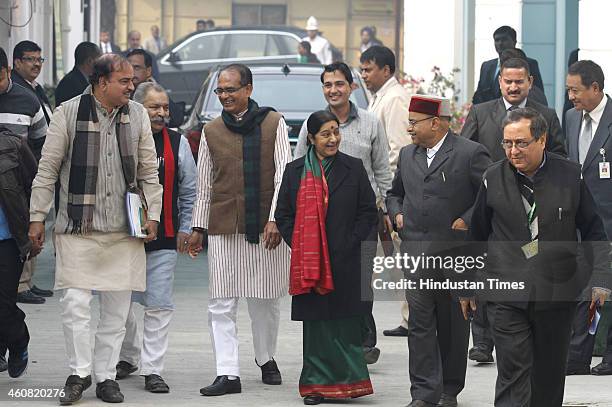 Senior BJP leaders Anant Kumar, Shivraj Singh Chouhan, Sushma Swaraj and others comes out after the BJP Parliamentary Board meeting at BJP...