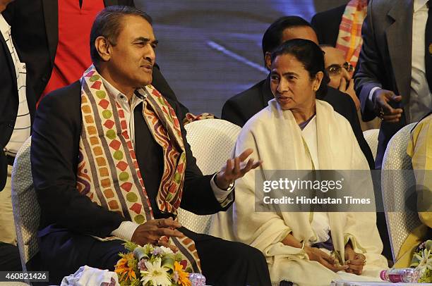 West Bengal Chief Minister Mamata Banerjee with President of All India Football federation Praful Patel during a felicitation ceremony of Atletico De...