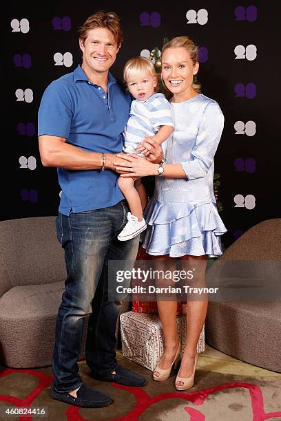 Shane Watson and his wife Lee pose for a photo with their son Will during an Australian Test squad Christmas Lunch at Melbourne Cricket Ground on...