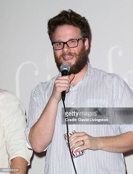 Writer/director Seth Rogen introduces the screening of Sony Pictures' "The Interview" at Cinefamily on December 25, 2014 in Los Angeles, California.