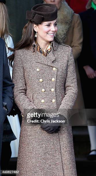 Catherine, Duchess of Cambridge leaves the Christmas Day Service at Sandringham Church on December 25, 2014 in King's Lynn, England.