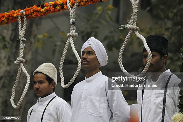 Tableaux depicting three national heroes Bhagat Singh, Rajguru and Sukhdev, before being hanged on gallows in the way of freedom of India during a...