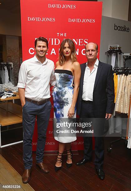 David Jones Ambassadors Jason Dundas and Jesinta Campbell pose alongside CEO Iain Nairn just after the announcement of the start of the Boxing Day...