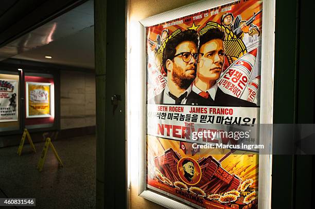 General view of "The Interview" poster during Sony Pictures' release of "The Interview" at the Plaza Theatre on, Christmas Day, December 25, 2014 in...