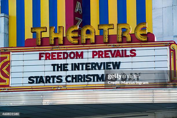 General view of the Plaza Theatre marquee during Sony Pictures' release of "The Interview" at the Plaza Theatre on, Christmas Day, December 25, 2014...