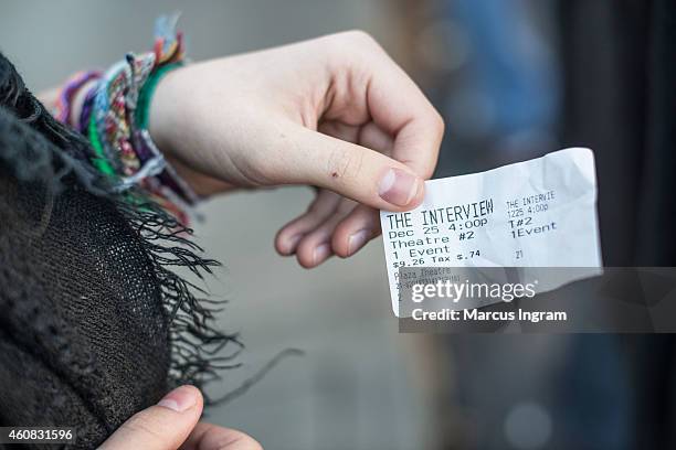 General view of an "The Interview" movie ticket during Sony Pictures' release of "The Interview" at the Plaza Theatre on, Christmas Day, December 25,...