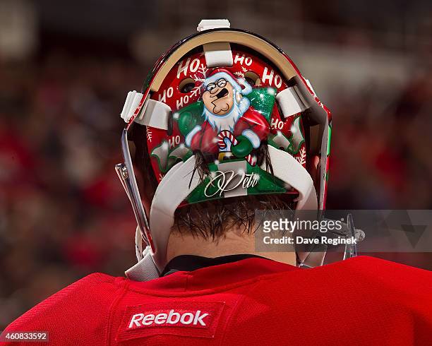 Close look at the back plate of goalie mask Petr Mrazek of the Detroit Red Wings during a NHL game against the Colorado Avalanche on December 21,...