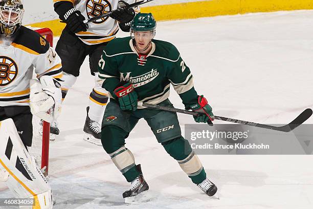 Brett Sutter of the Minnesota Wild skates against the Boston Bruins during the game on December 17, 2014 at the Xcel Energy Center in St. Paul,...