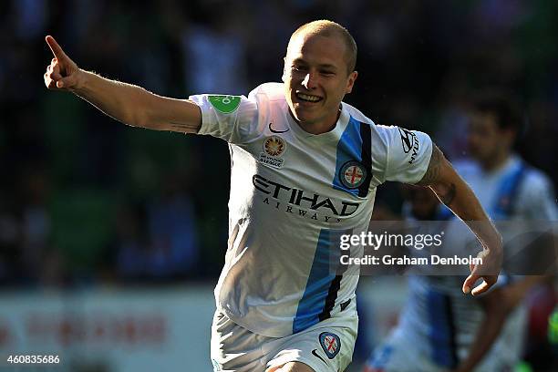 Aaron Mooy of Melbourne City celebrates his goal during the round 13 A-League match between Melbourne City FC and Perth Glory at AAMI Park on...