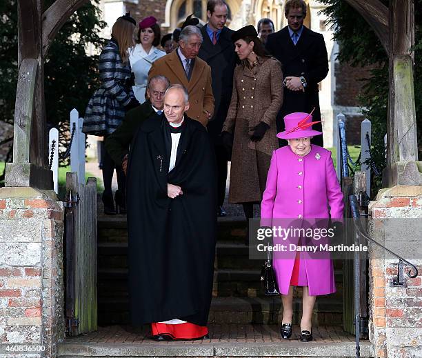 Queen Elizabeth II leaves church with Prince William, Duke of Cambridge, Catherine, Duchess of Cambridge, Prince Philip, Duke of Edinburgh, Prince...