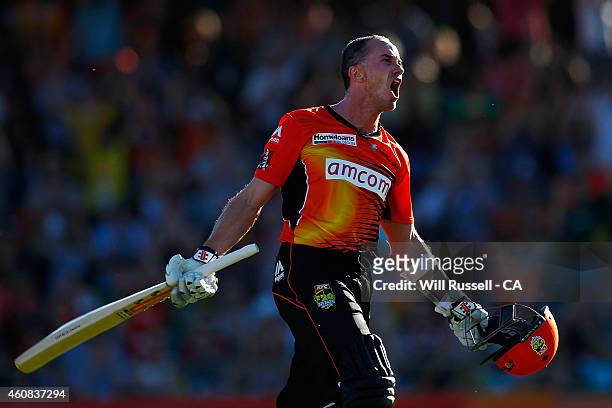 Michael Klinger of the Scorchers celebrates after reaching a century during the Big Bash League match between the Perth Scorchers and the Melbourne...