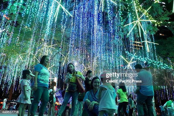 Filipino family enjoys taking their pictures during the "The Festival of Lights" at the Ayala Triangle Gardens in Makati City . For the fifth in a...