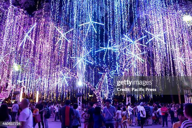 Filipino family enjoys taking their pictures during the "The Festival of Lights" at the Ayala Triangle Gardens in Makati City . For the fifth in a...