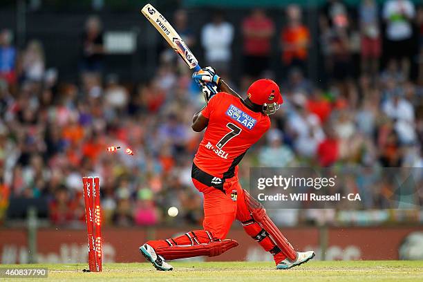 Andre Russell of the Renegades is bowled out by Yasir Arafat of the Scorchers during the Big Bash League match between the Perth Scorchers and the...