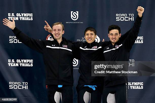 Chris Creveling, J.R. Celski and Eduardo Alvarez pose on the medlas podium after men's 1,000 meter final during the U.S. Olympic Short Track Trials...