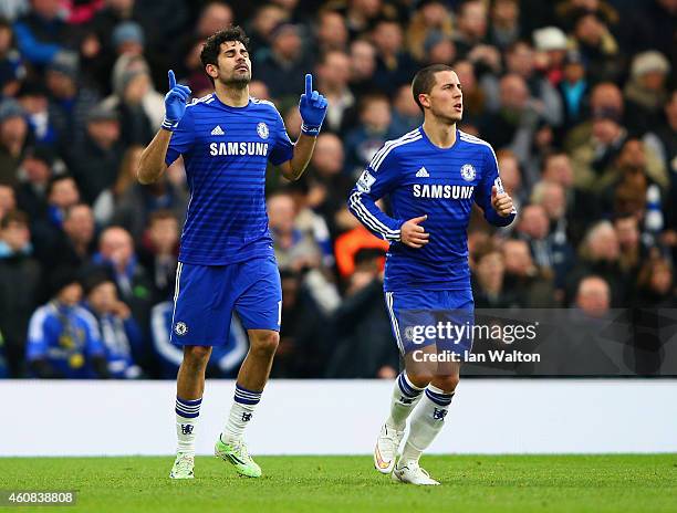 Diego Costa of Chelsea celebrates scoring their second goal with Eden Hazard of Chelsea during the Barclays Premier League match between Chelsea and...