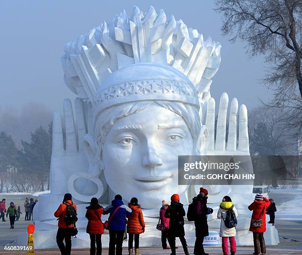 This picture taken on January 5, 2014 shows visitors looking at a snow sculpture on display at the Sun Island International Snow Sculpture Art Expo,...