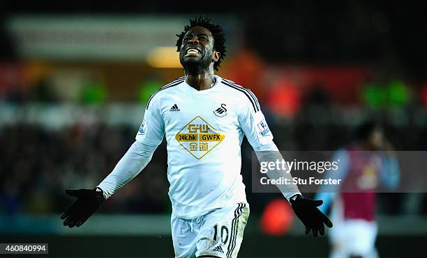 Wilfried Bony of Swansea reacts after having a goal dissalowed during the Barclays Premier League match between Swansea City and Aston Villa at...