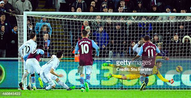 Swansea goalkeeper Lukasz Fabianski makes a last minute save to deny Villa an equaliser during the Barclays Premier League match between Swansea City...