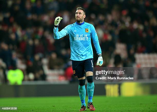 Goalkeeper Allan McGregor of Hull City celebrates his team's 3-1 victory during the Barclays Premier League match between Sunderland and Hull City at...