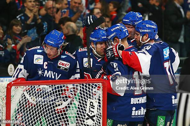 Andrew Joudrey of Mannheim celebrates his team's first goal with team mates during the DEL match between Adler Mannheim and Koelner Haie at SAP Arena...