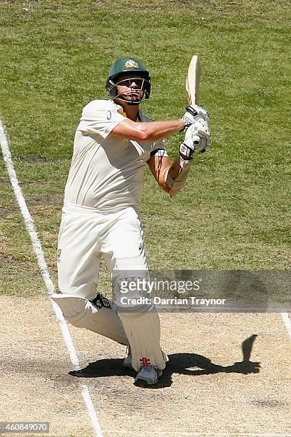 Ryan Harris of Australia plays a hook shot during day two of the Third Test match between Australia and India at Melbourne Cricket Ground on December...