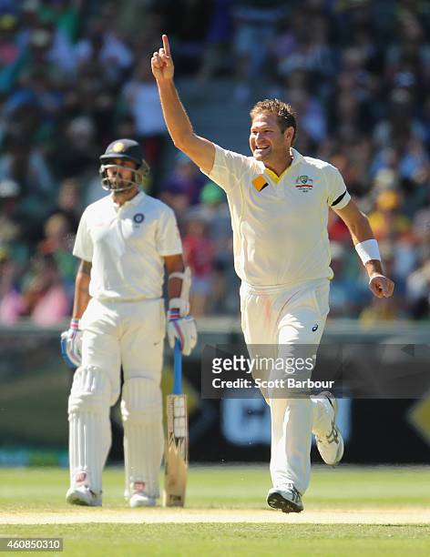 Ryan Harris of Australia celebrates after dismissing Shikhar Dhawan of India during day two of the Third Test match between Australia and India at...