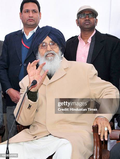 Punjab Chief Minister Punjab Parkash Singh Badal at a political conference during Shaheedi Jor Mela at Fatehgarh Sahib on December 27, 2014 in...