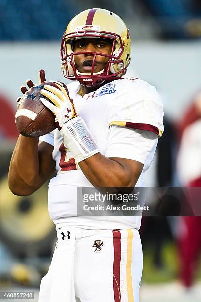 Tyler Murphy of the Boston College Eagles warms up before a game against the Penn State Nittany Lions in the 2014 New Era Pinstripe Bowl at Yankee...