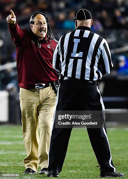 Head coach Steve Addazio of the Boston College Eagles speaks to an official in the second quarter during a game against the Penn State Nittany Lions...