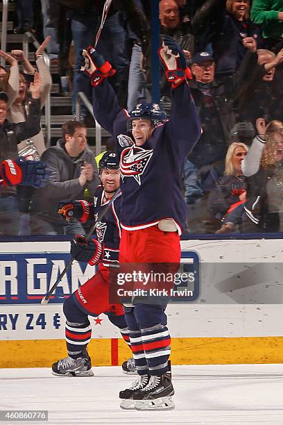 Matt Calvert of the Columbus Blue Jackets reacts after scoring a goal during the second period of a game against the Boston Bruins on December 27,...