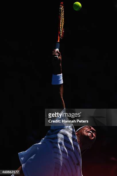Albert Montanes of Spain serves against Santiago Giraldo of Columbia during day one of the Heineken Open at ASB Tennis Centre on January 6, 2014 in...