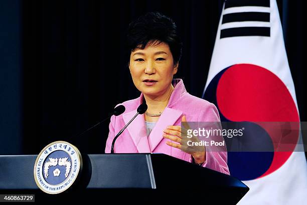 South Korean President Park Geun-Hye speaks during a press conference at the Presidential Office on January 6, 2014 in Seoul, South Korea. Park...