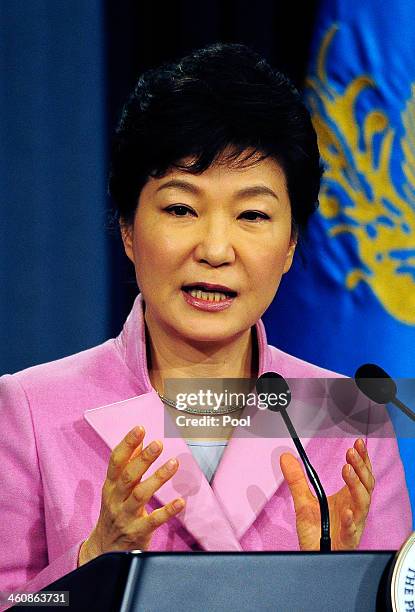 South Korean President Park Geun-Hye speaks during a press conference at the Presidential Office on January 6, 2014 in Seoul, South Korea. Park...