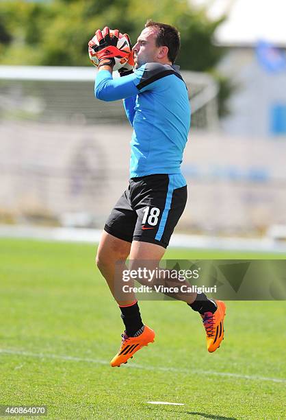 Eugene Galekovic during an Australian Socceroos Asian Cup training session at the Collingwood Training Ground on December 28, 2014 in Melbourne,...