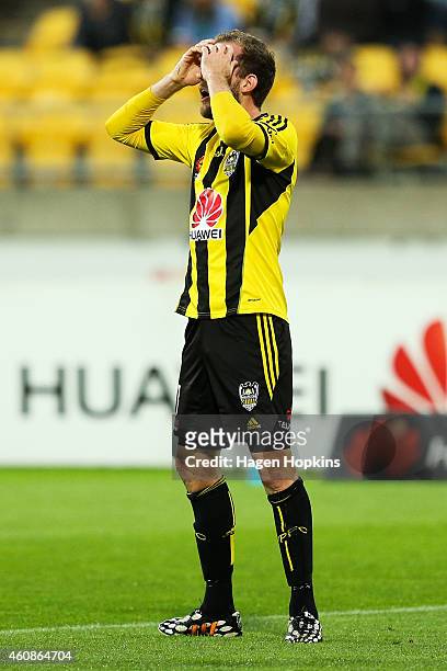 Jeremy Brockie of the Phoenix rues a missed shot at goal during the round 13 A-League match between the Wellington Phoenix and the Western Sydney...