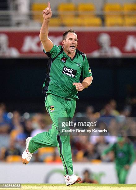 John Hastings of the Stars celebrates after taking the wicket of Chris Lynn of the Heat during the Big Bash League match between the Brisbane Heat...