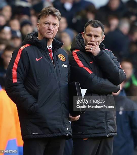 Manager Louis van Gaal of Manchester United watches from the touchline during the Barclays Premier League match between Tottenham Hotspur and...