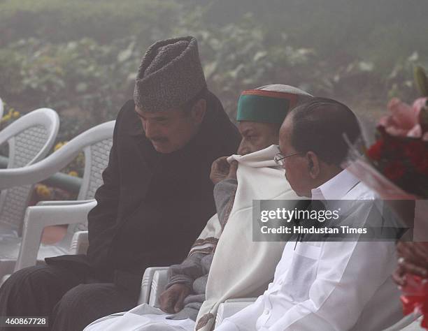 Congress leaders Ghulam Nabi Azad, AK Antony, Veerapa Moily, Ghulam Nabi Azad and others after flag hoisting during Congress Partys 130th foundation...