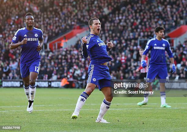 Eden Hazard of Chelsea celebrates scoring his goal during the Barclays Premier League match between Southampton and Chelsea at St Mary's Stadium on...