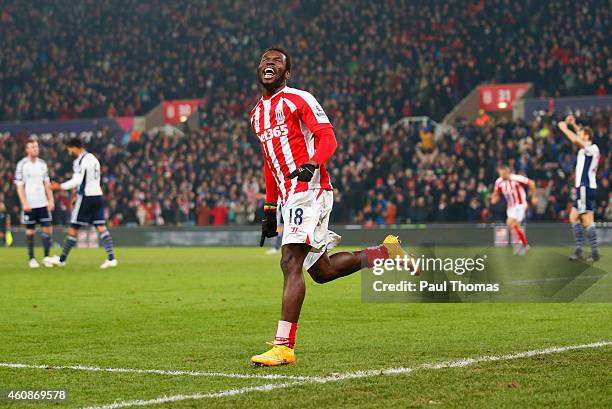 Mame Biram Diouf of Stoke City celebrates as he scores their second goal during the Barclays Premier League match between Stoke City and West...