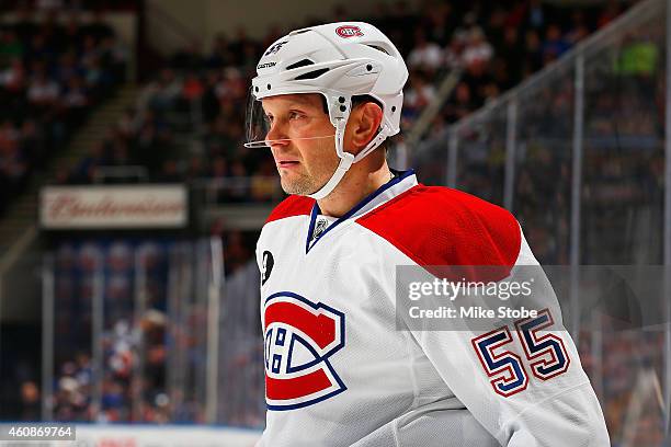 Sergei Gonchar of the Montreal Canadiens skates against the New York Islanders at Nassau Veterans Memorial Coliseum on December 23, 2014 in...